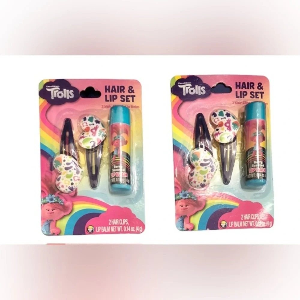 2 sets of Trolls 2piece hair clip & lip balm‎ set - new